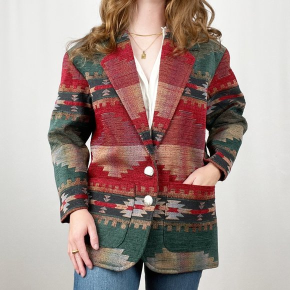 Stunning Vintage Oversized Western Bohemian Blazer Jacket Coat Boho Aztec Tribal - Picture 2 of 9